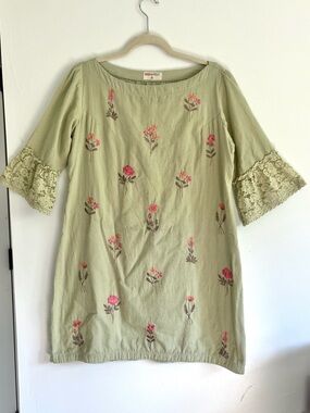 Bombay Paisley Sage Embroidered Green Pink Floral Tunic with Lace Sleeves XL